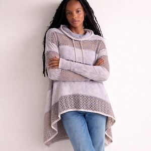 Free People Cream and Light Blue Lace-Accent Hooded Boho Poncho